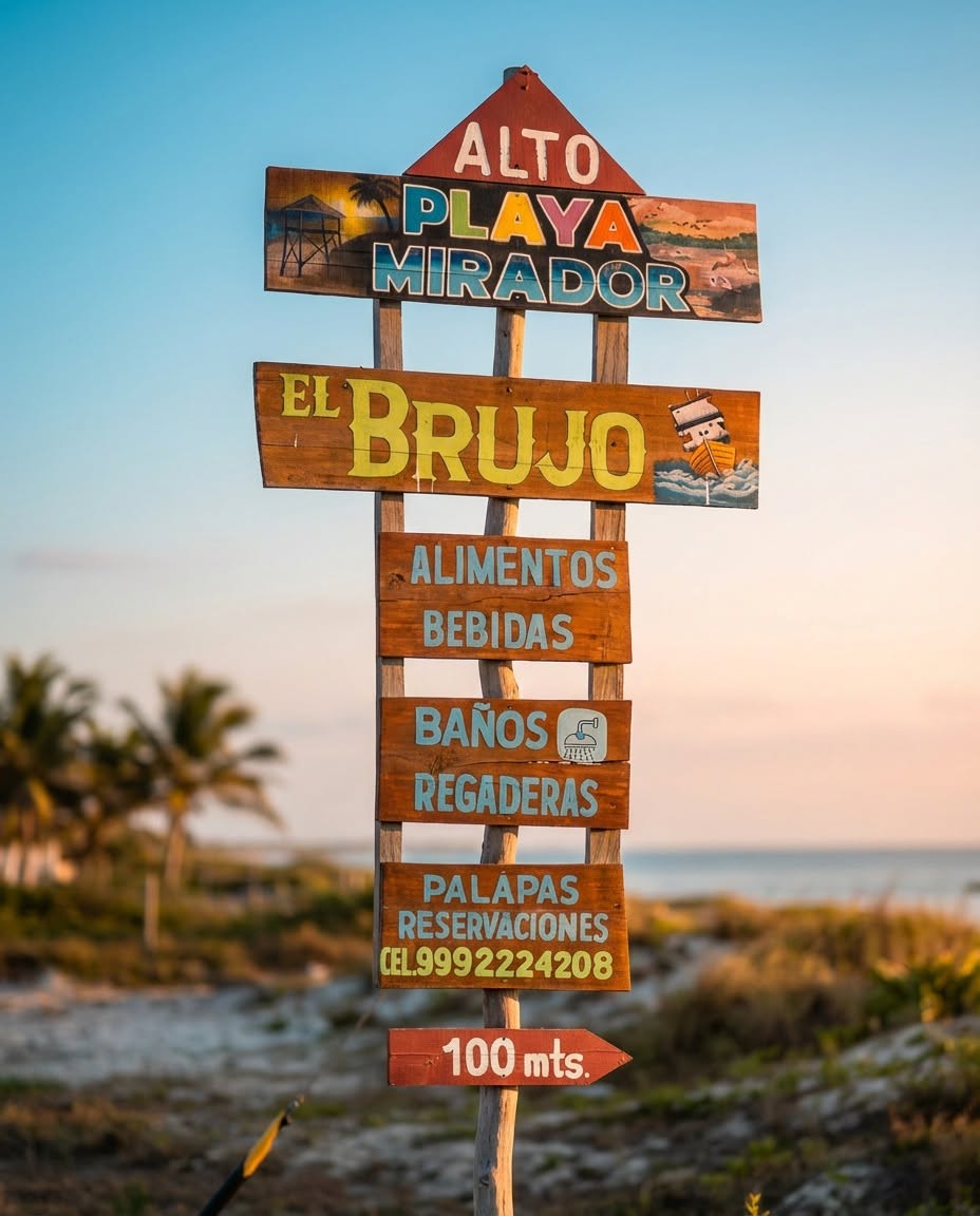 Letrero de madera con los servicios de El Brujo