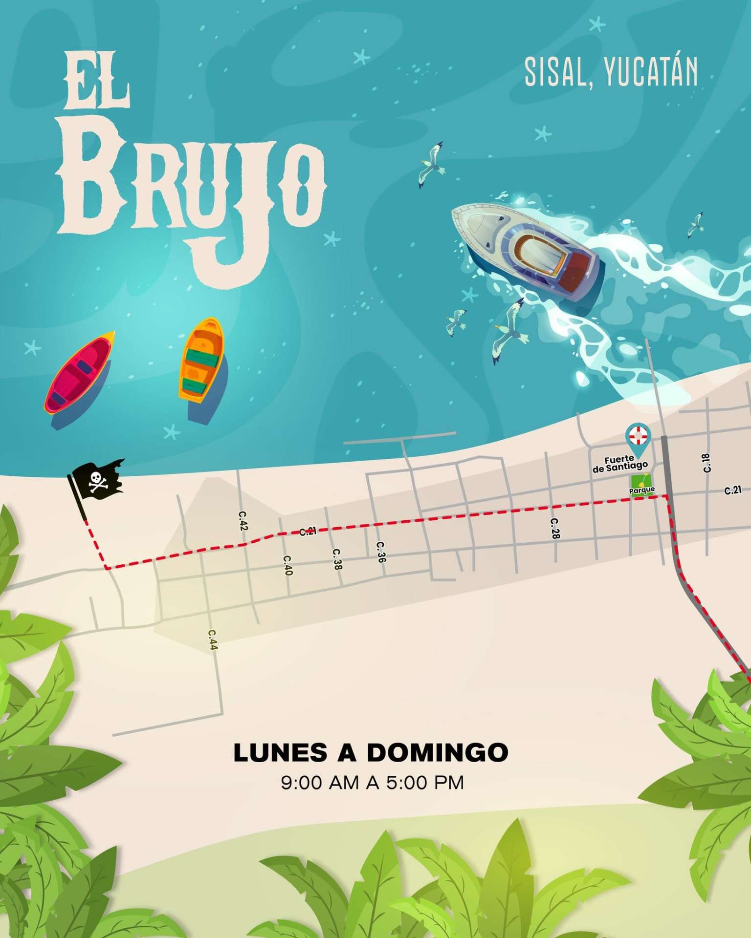 Mapa ilustrado de Sisal con la ubicación de El Brujo