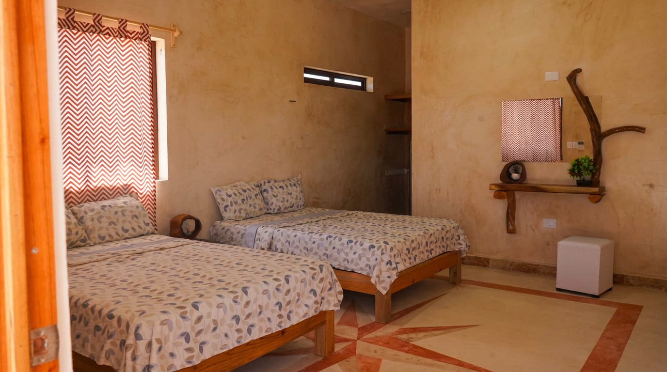 Cuarto para 4 personas con dos camas y acabados rústicos en El Brujo, Sisal