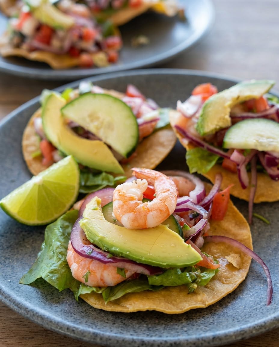 Tostadas de camarón con aguacate
